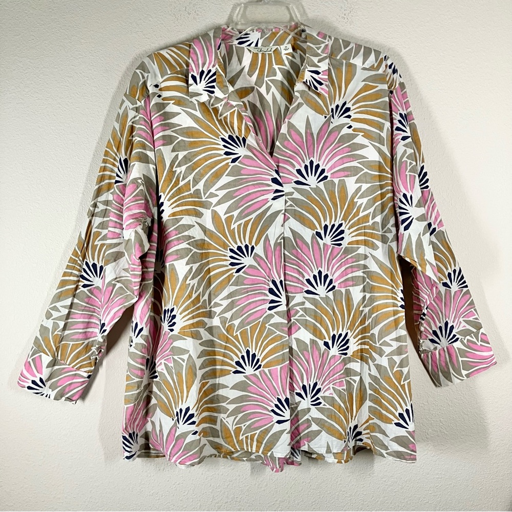 Tropical Fan Print Tunic 3X Cotton Pullover Blouse Boho Resort Vacation Spring - Picture 12 of 12